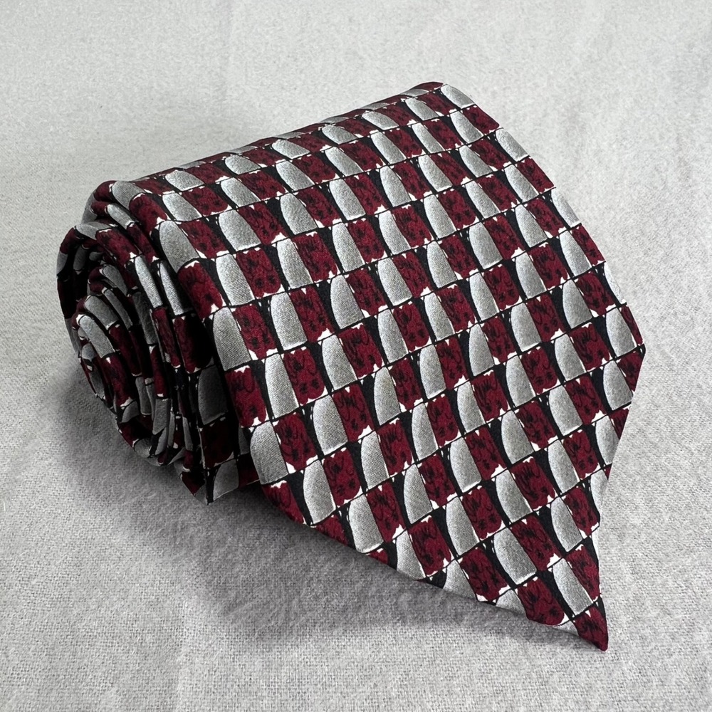 J Garcia Silk Tie South of the Border Collection Fifteen‎ Maroon Gray Geometric